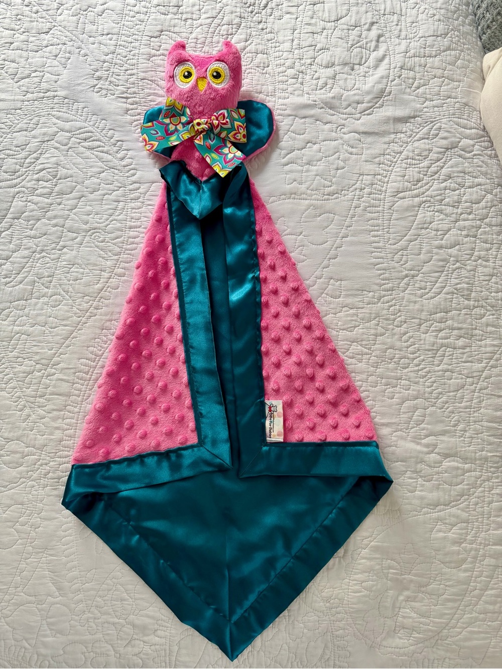 Pink Owl Security Blanket for Kids with Teal Satin Trim